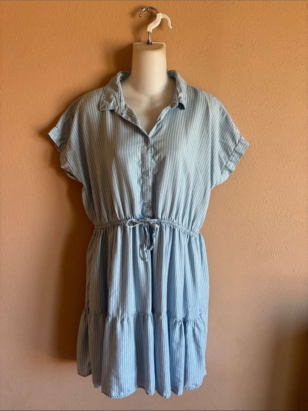 Beach Lunch Lounge Light Blue Striped Tie-Waist Shirt Dress M